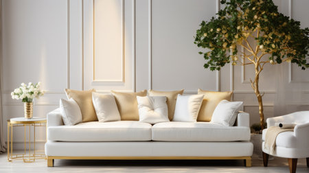 White fabric sofa and brass decor pieces. Interior design of cozy living roomの素材