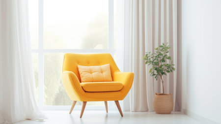Yellow mid-century armchair against window dressed with white curtain. Interior design of modern minimalist living roomの素材