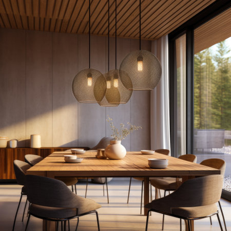 Abstract mesh pendant ball lamps above wooden dining table and chairs. Interior design of modern dining roomの素材