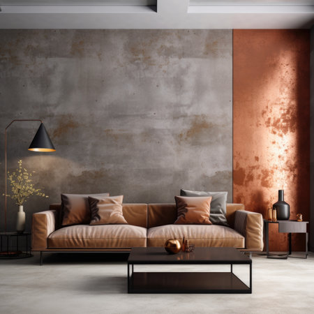 Concrete and with copper decorated wall and brown leather sofa. Interior design of modern living roomの素材