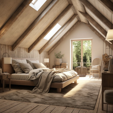 Farmhouse style interior design of modern bedroom in atticの素材
