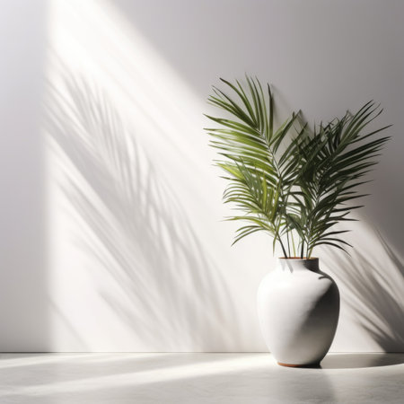 Interior background of room with white wall. Vase with palm leaf on decorative accent table. Empty mock up wall and marble flooringの素材