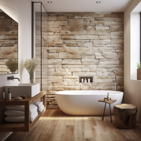Interior design of modern bathroom with sandstone wall and rustic decor piecesの素材