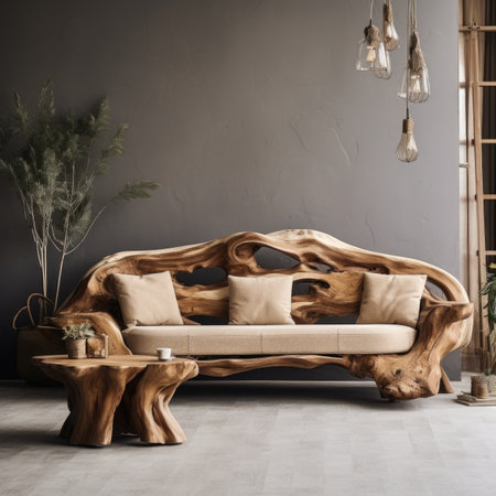 Luxury rustic handmade loveseat sofa in room with abstract wooden tree decorative column. Interior design of modern living roomの素材