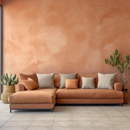Modular corner sofa with terra cotta cushion near tiled stucco wall. Interior design of modern living roomの素材