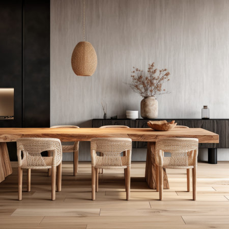 Natural wooden slab dining table and wicker chair near it. Interior design of modern living or dining roomの素材