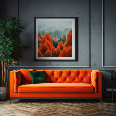 Orange tufted velvet sofa and frame on the wall. Interior design of modern living roomの素材
