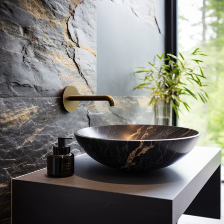 Stylish black marble round vessel sink and wall mounted faucet on stone wall. Interior design of modern bathroomの素材