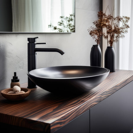 Stylish black marble vessel round sink and faucet on stone countertop. Interior design of modern bathroomの素材