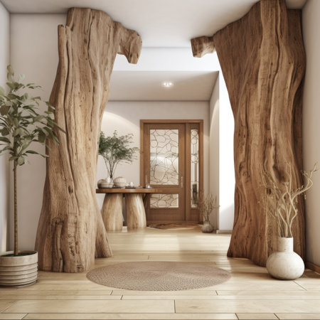 Tree trunk columns in rustic interior design of modern entrance hall with doorの素材