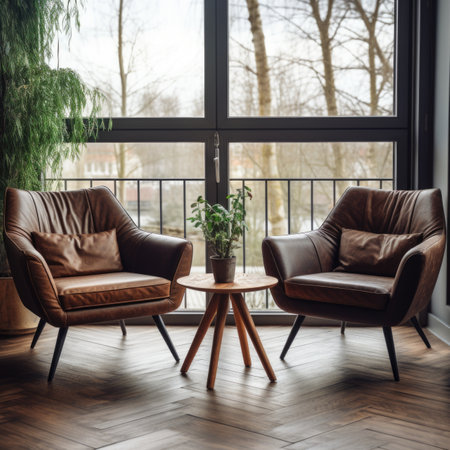 Two leather mid-century armchairs and wooden coffee table against of window. Interior design of modern living roomの素材