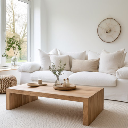 White sofa and wooden coffee table in scandinavian style interior design of modern living roomの素材