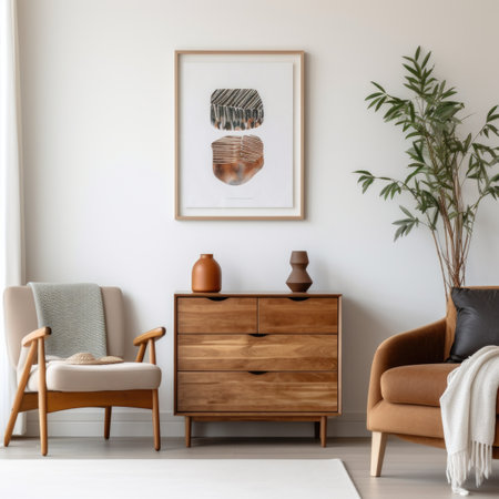 Wooden chest of drawers and posters on the white wall. Interior design of modern living roomの素材
