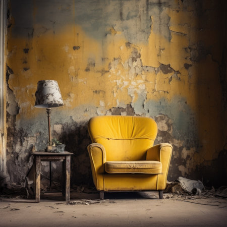 Yellow armchair in room with old dilapidated walls. Interior design of aged living roomの素材
