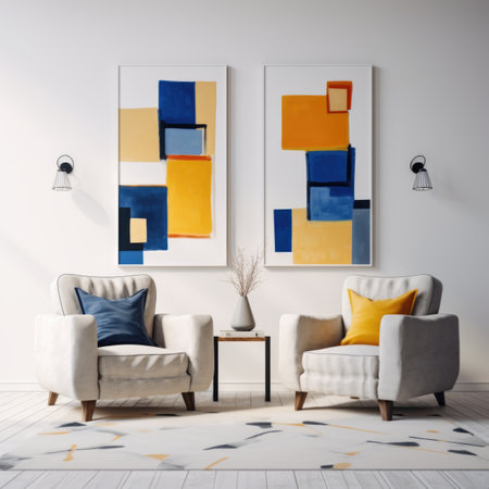 Yellow and blue armchairs in white room. Suprematism style interior design of modern living room with abstract geometric shapesの素材