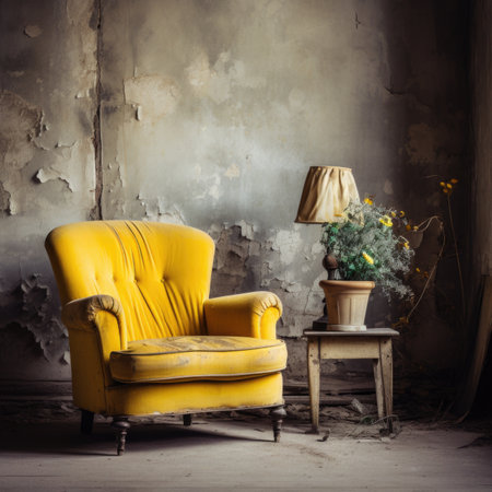 Yellow armchair in room with old dilapidated walls. Interior design of aged living roomの素材