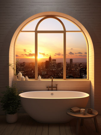 Arched window in modern bathroom at sunset in a cityの素材