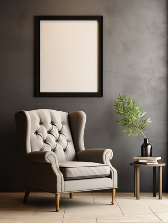 Beige wing chair and big mock up poster near dark gray wall. Interior design of modern living roomの素材