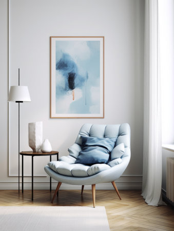 Blue snuggle chair against white wall with art poster frame and pendant light. Mid century style interior design of modern living roomの素材