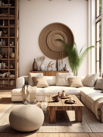 Boho interior design of modern living room with rustic furnitureの素材