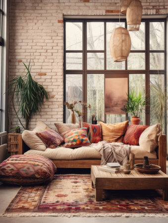 Boho interior design of modern living room with rustic furnitureの素材
