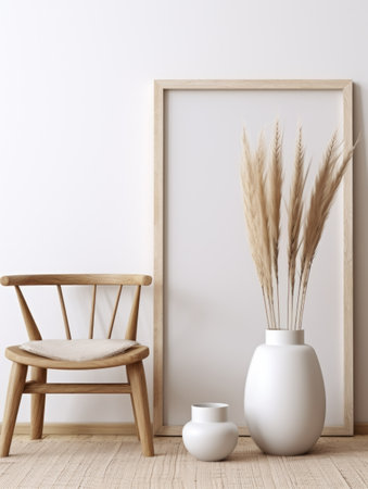 Canvas frame and jug with pampas grass on wooden floor near white wall. Boho interior design with home decorの素材