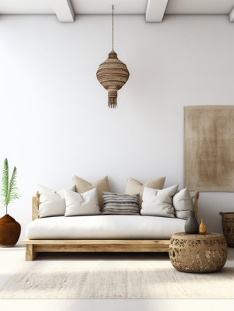 Boho interior design of modern living room with empty white wall backgroundの素材