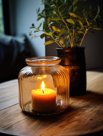 Candle glass jar with burning candle. Home decor and accent pieces. Interior design of modern living roomの素材