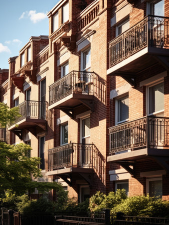 Brick townhouses with balconies. Residential architecture exteriorの素材