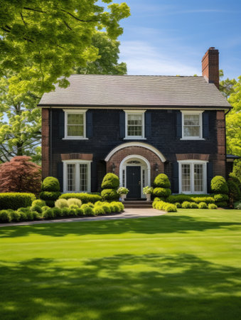 Colonial style red brick family house exterior with black roof tiles. Beautiful front yard with lawn and pruned shrubsの素材