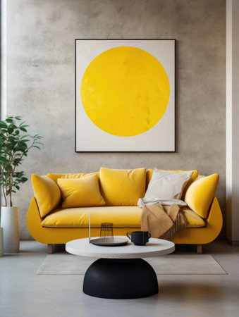 Cute yellow loveseat sofa and round stone side table against stucco wall with poster frame Interior design of modern living roomの素材
