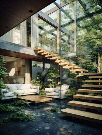 Glass courtyard with greenery in modern house. Home interior design with staircaseの素材