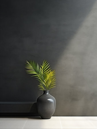 Interior background of room with black stucco or concrete wall and window. Decorative vase with grassの素材