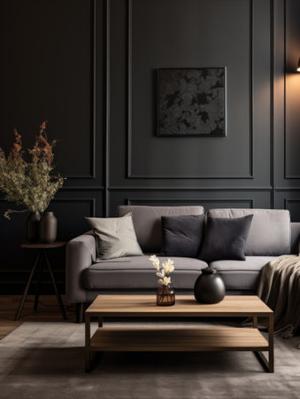 Interior design of living room with gray sofa over black stucco wall with wooden panelingの素材