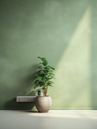 Interior background of room with empty green stucco wall and plant standの素材
