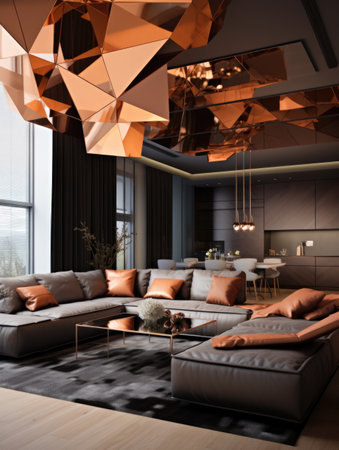 Loft interior design of modern living room with abstract geometrical copper ceilingの素材