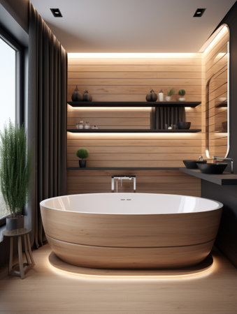 Minimalist interior design of modern bathroom with ellipse bath with wooden panelの素材