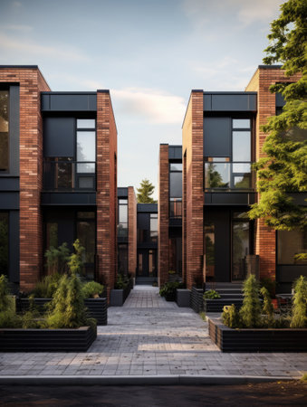 Modern modular private townhouses with brick and black walls. Residential architecture exteriorの素材