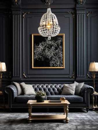 Neoclassical interior design of living room with black walls and tufted sofaの素材