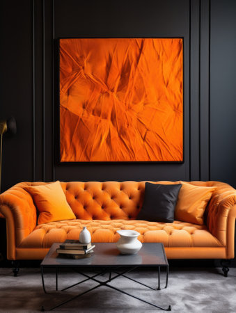 Orange tufted velvet sofa and frame on the wall. Interior design of modern living roomの素材