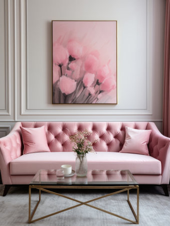 Pink tufted velvet sofa and frame on the wall. Interior design of modern living roomの素材