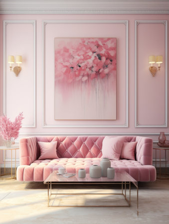 Pink tufted velvet sofa and frame on the wall. Interior design of modern living roomの素材