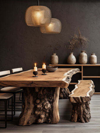 Rustic dining table made from wooden slab and logs. Interior design of modern dining room with textured stucco wallの素材