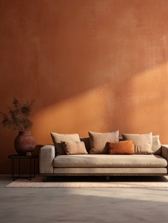 Terra cotta sofa near grunge beige stucco wall. Interior design of modern living roomの素材