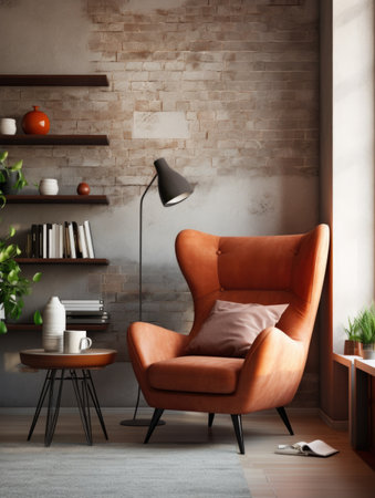 Terra cotta armchair in bright apartment. Interior design of modern living roomの素材