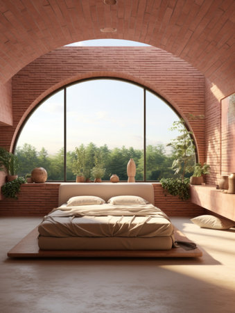 Terra cotta bed in room with panoramic window. Interior design of modern bedroomの素材