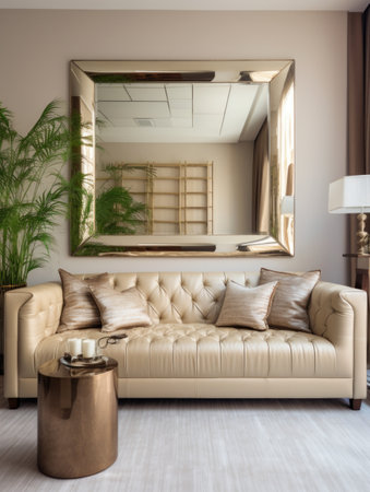 Tufted beige sofa and big mirror. Interior design of modern living roomの素材