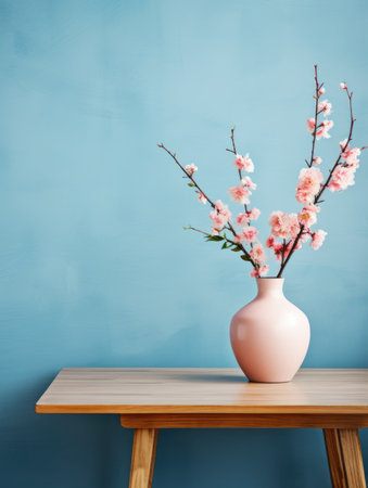 Wooden table with flowers in vase over blue and pink wall background. Interior design of modern living roomの素材