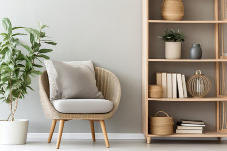 Barrel and wicker chair against cream color wall with shelving unit. Scandinavian style interior design of modern living roomの素材