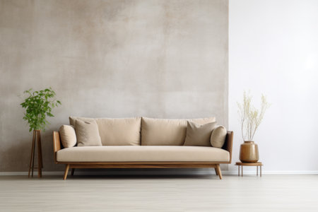 Beige sofa against empty wall with copy space. Minimalist intの素材